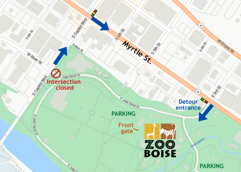 A road map of the immediate zoo downtown corridor illustrating a road closure and entrance detour.